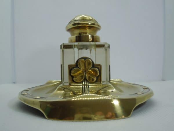 Art Nouveau Brass Inkwell Horseshoe and Shamrock