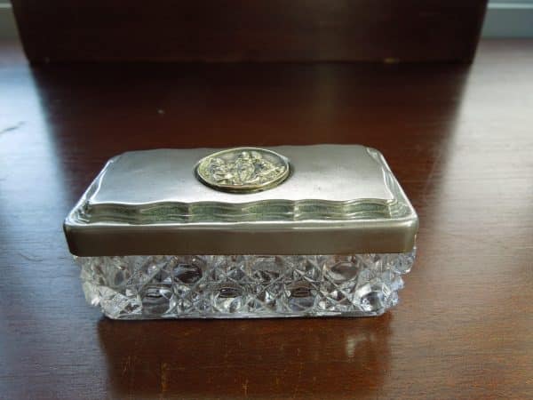 Trinket box with hobnail glass base and nickel silver lid.