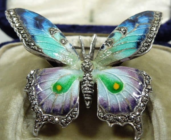 Silver Enamel and Marcasite Butterfly Brooch