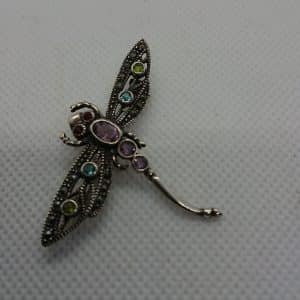 Vintage solid Silver Gemstone Dragonfly Brooch, Pin