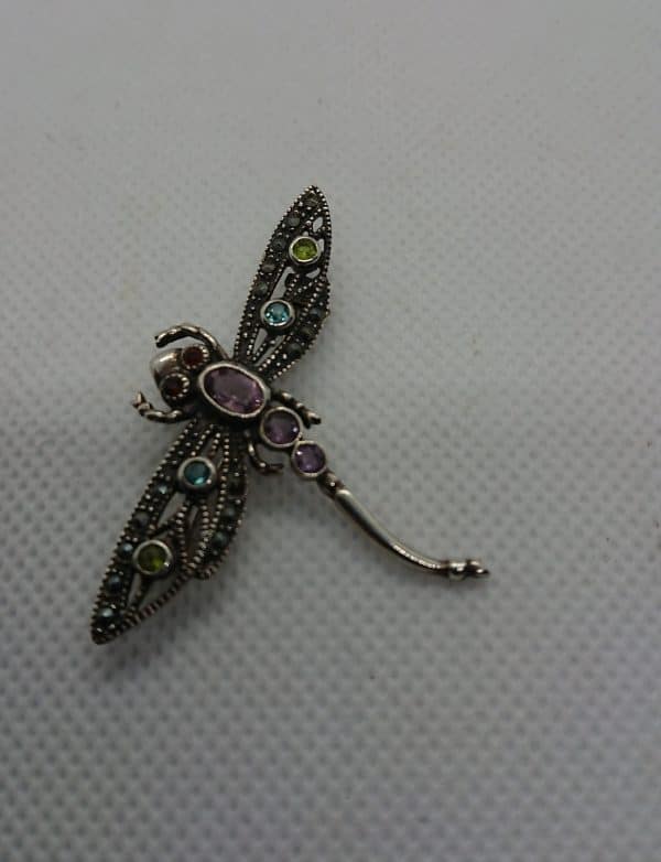 Vintage solid Silver Gemstone Dragonfly Brooch, Pin