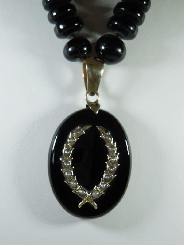 Antique Onyx, Gold and Seed Pearl Mourning Locket