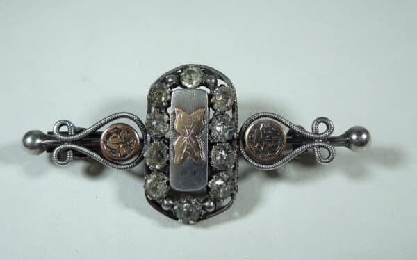 antique silver, diamante and gold brooch