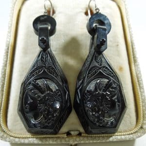 Victorian Whitby Jet Cameo Earrings