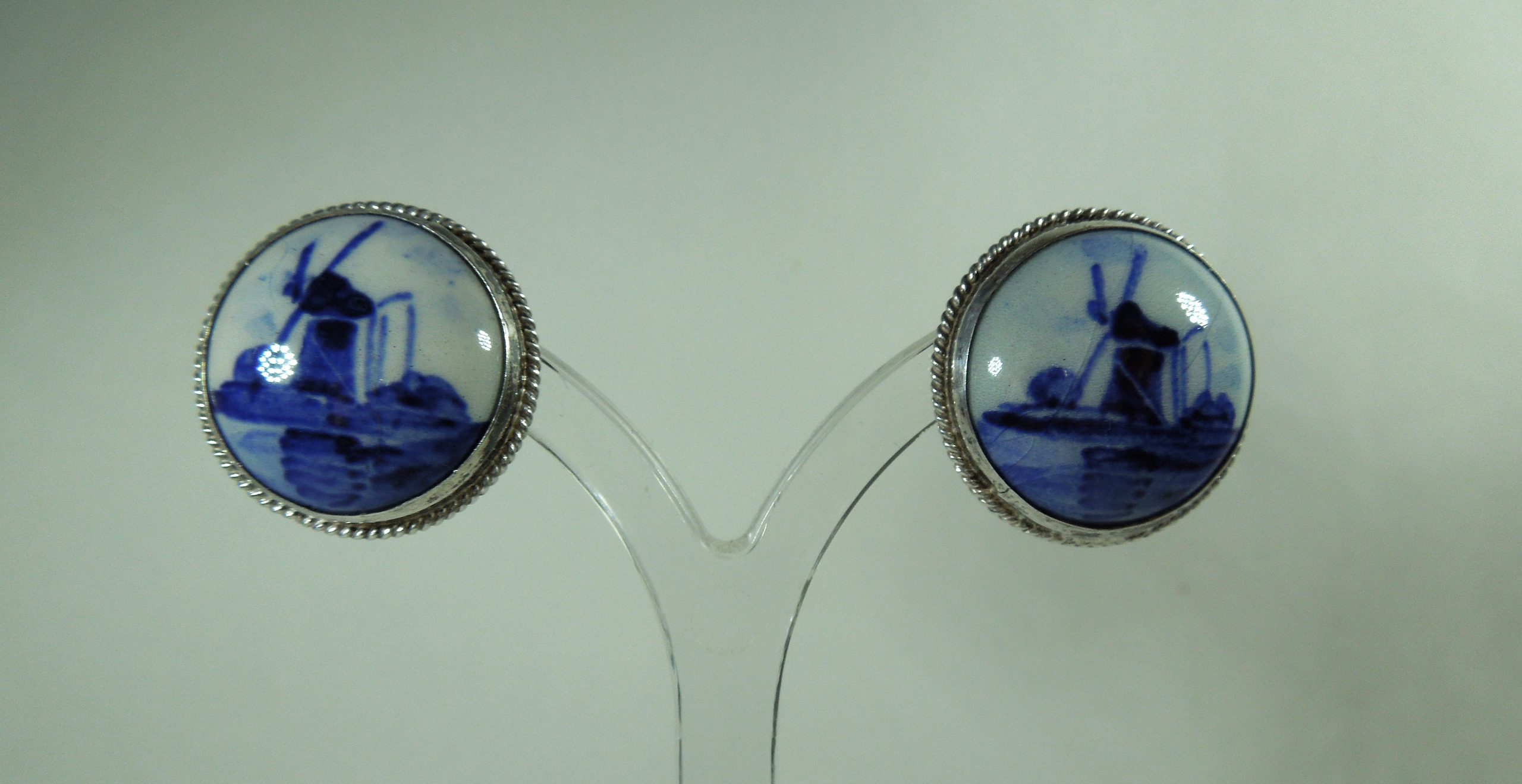 Silver Delft Pottery Clip-On Earrings