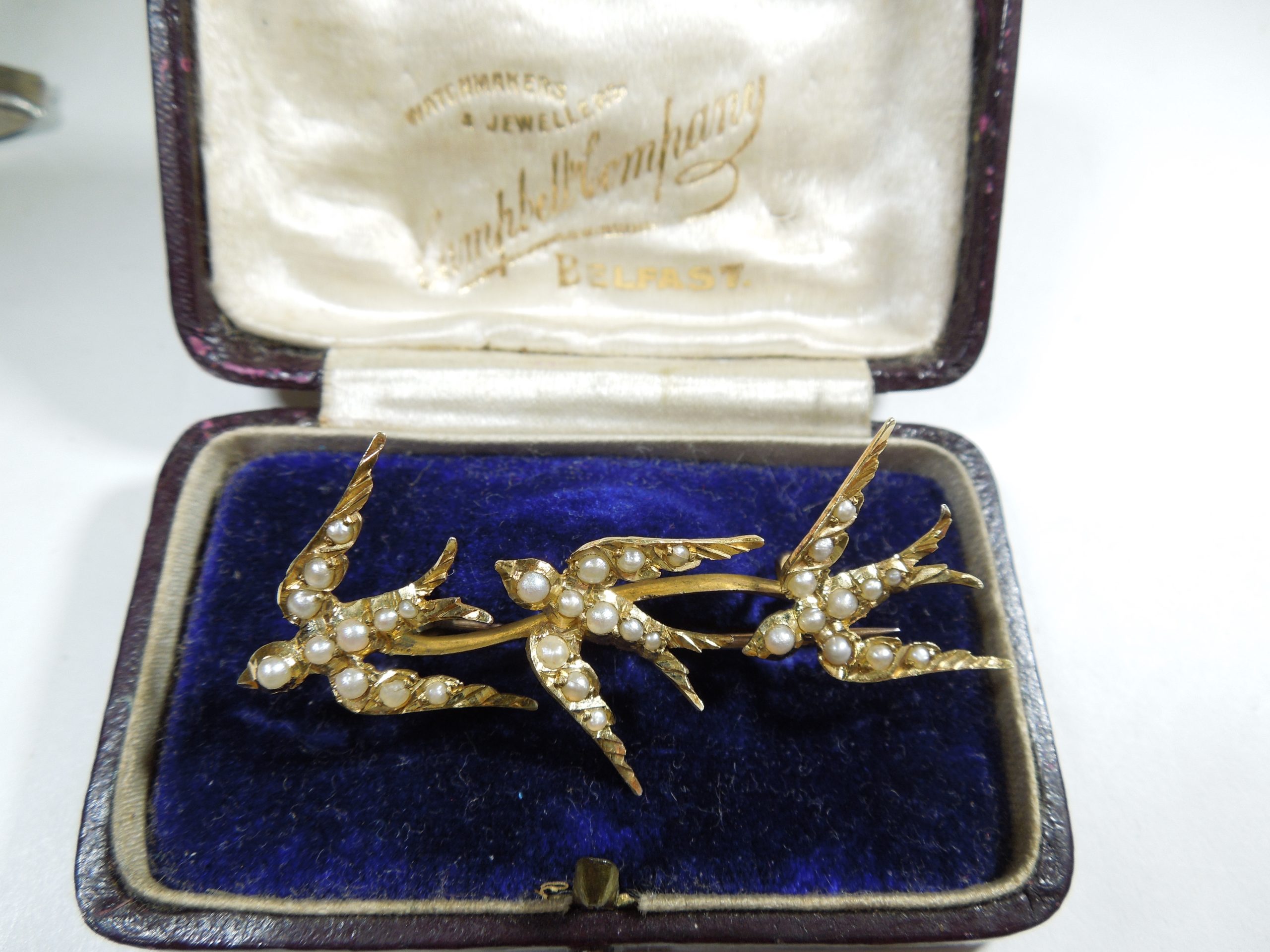 15ct Gold Seed Pearl Swallow Brooch Pin